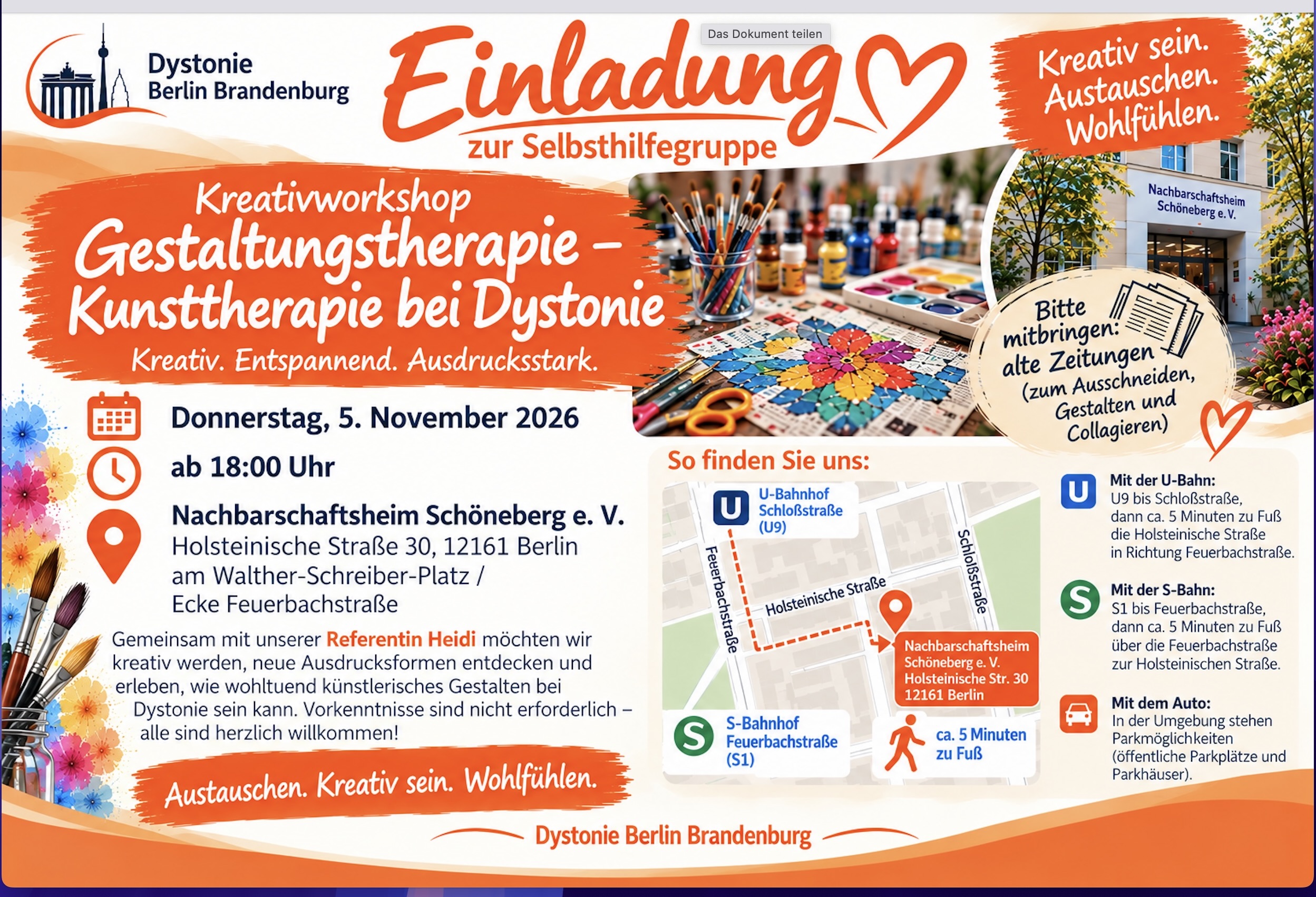 SHG Dystonie BerlinBrandenburg Einladung: Workshop Kunsttherpie